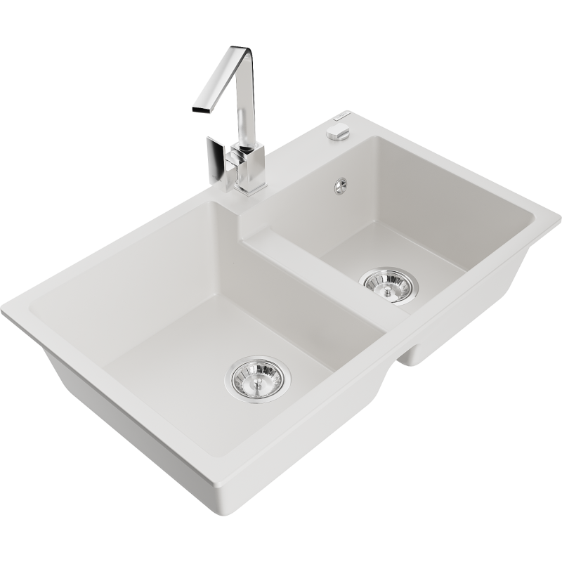 Mexen Tomas dvoukomorový žulový dřez s kuchyňskou baterií Rita, bílý - 6516-20-670300-00