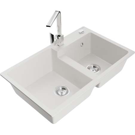 Mexen Tomas dvoukomorový žulový dřez s kuchyňskou baterií Rita, bílý - 6516-20-670300-00