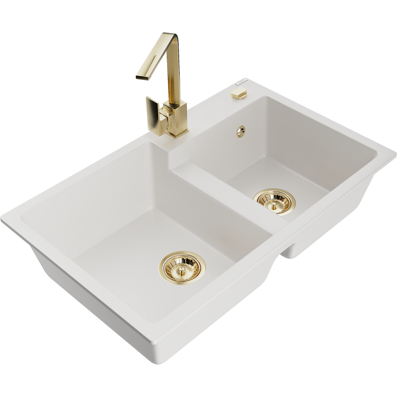 Mexen Tomas dřez žulový dvoukomorový s kuchyňskou baterií Rita, bílý - 6516-20-670300-50