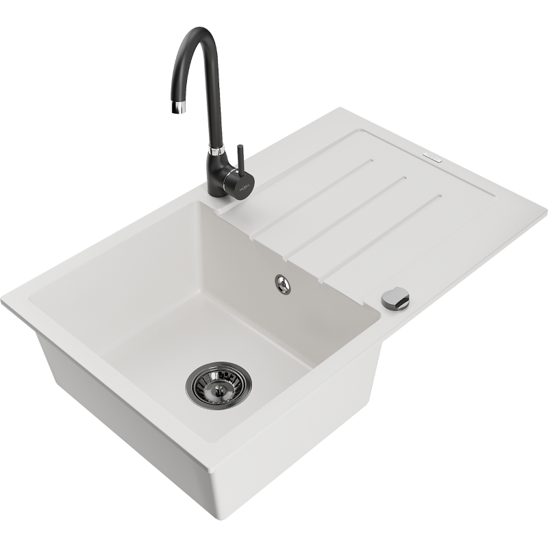 Mexen Bruno granitový dřez s 1 komorou a odkapávačem a kuchyňskou baterií Telma, bílá - 6513-20-670200-70