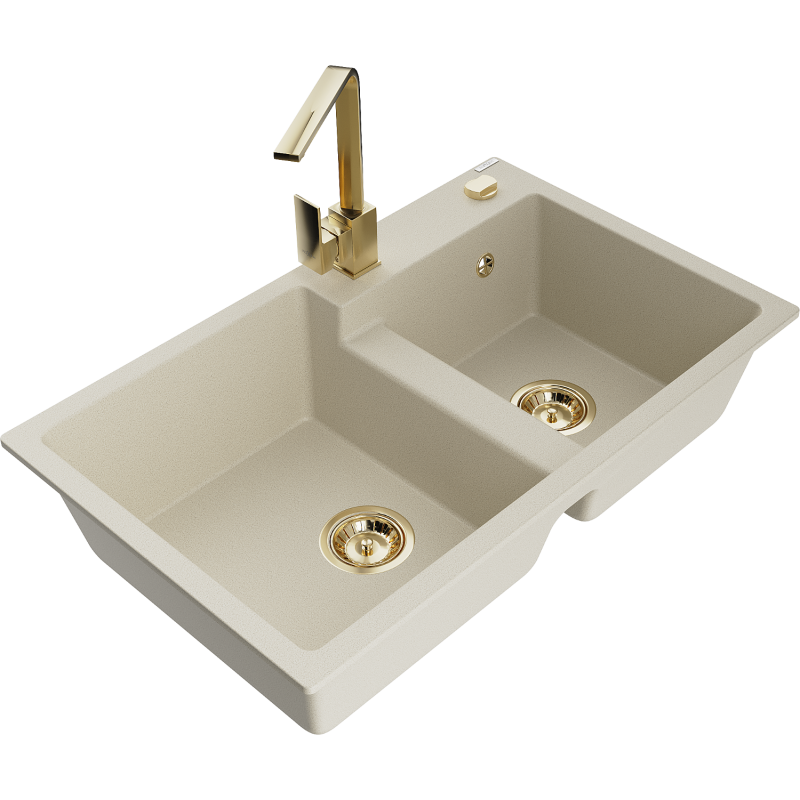 Mexen Tomas, dvoukomorový granitový dřez s kuchyňskou baterií Rita, béžový - 6516-69-670300-50