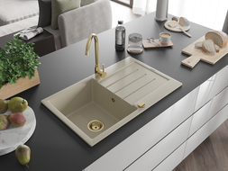 Mexen Bruno granitový dřez 1-komorový s odkapávačem a kuchyňskou baterií Telma, béžový - 6513-69-670200-50