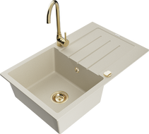 Mexen Bruno granitový dřez 1-komorový s odkapávačem a kuchyňskou baterií Telma, béžový - 6513-69-670200-50