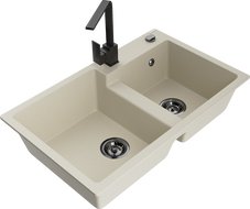 Mexen Tomas granitový dvoukomorový dřez s kuchyňskou baterií Rita, béžový - 6516-69-670300-70