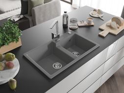 Mexen Tomas granitový dřez se 2 komorami s kuchyňskou baterií Rita, šedý - 6516-71-670300-00