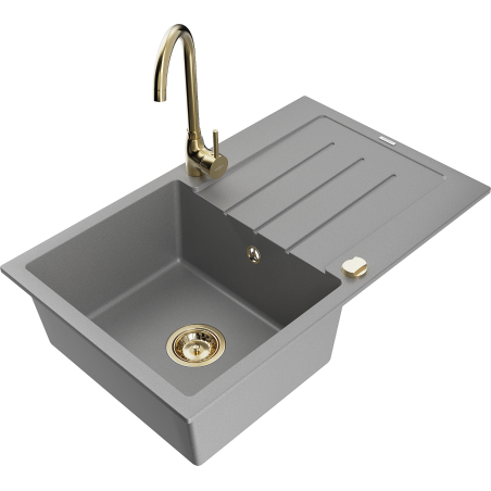 Mexen Bruno granitový dřez 1-komorový s odkapávačem a kuchyňskou baterií Telma, šedý - 6513-71-670200-50