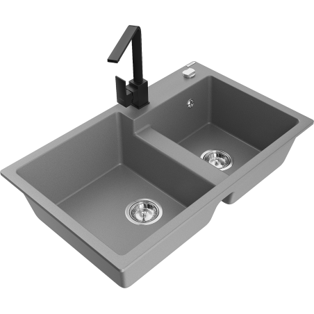 Mexen Tomas žulový dřez, 2 komory s kuchyňskou baterií Rita, šedý - 6516-71-670300-70