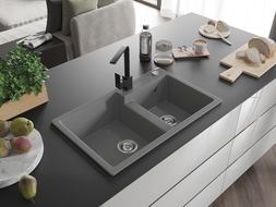Mexen Tomas žulový dřez, 2 komory s kuchyňskou baterií Rita, šedý - 6516-71-670300-70