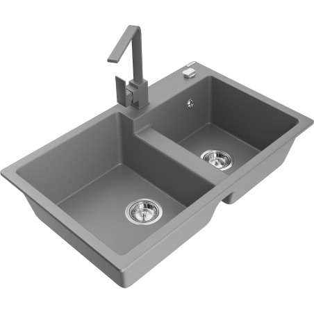 Mexen Tomas granitový dřez 2-komorový s kuchyňskou baterií Rita, šedý - 6516-71-670300-71