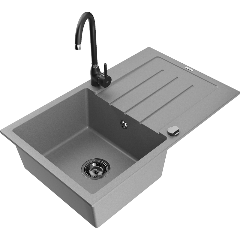 Mexen Bruno granitový dřez jednokomorový s odkapávačem a kuchyňskou baterií Telma, šedý - 6513-71-670200-70-B