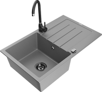 Mexen Bruno granitový dřez jednokomorový s odkapávačem a kuchyňskou baterií Telma, šedý - 6513-71-670200-70-B