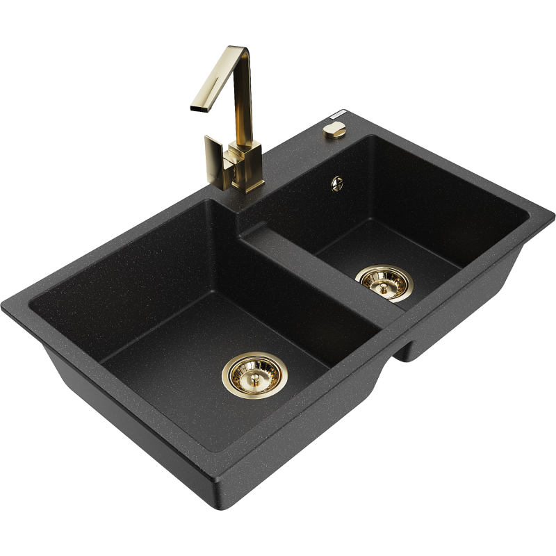 Mexen Tomas granitový dřez 2-komorový s kuchyňskou baterií Rita, černý/stříbrný metalický - 6516-73-670300-50
