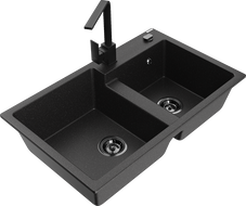 Mexen Tomas žulový dřez 2-komorový s kuchyňskou baterií Rita, černý/stříbrný metalik - 6516-73-670300-70-B