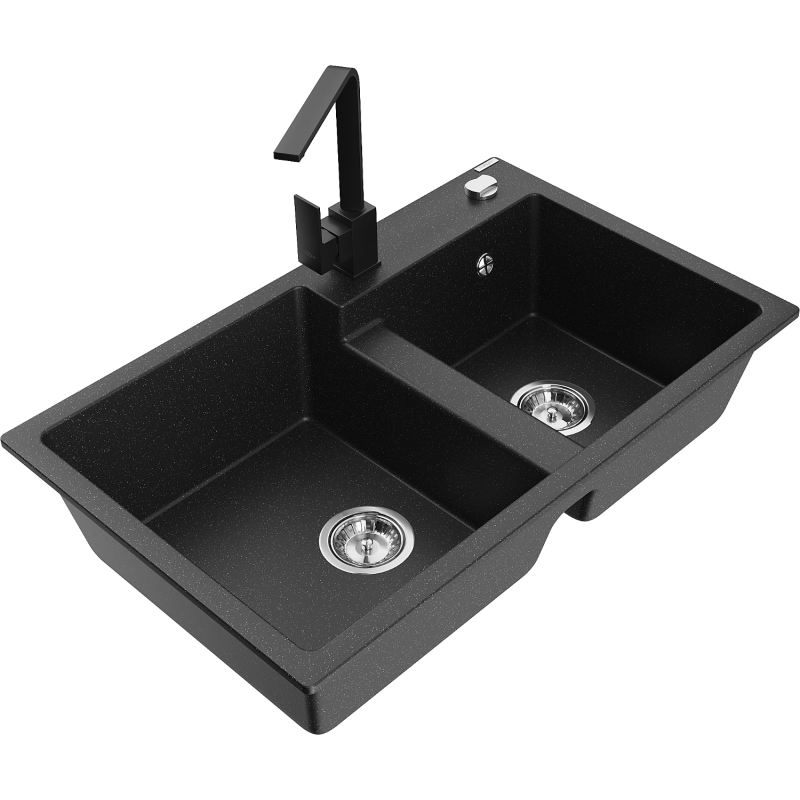 Mexen Tomas dvoukomorový granitový dřez s kuchyňskou baterií Rita, černý/stříbrný metalík - 6516-73-670300-70