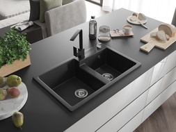 Mexen Tomas dvoukomorový granitový dřez s kuchyňskou baterií Rita, černý/stříbrný metalík - 6516-73-670300-70