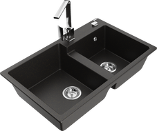 Mexen Tomas dřez granitový 2-komorový s kuchyňskou baterií Rita, černý/zlatý metalik - 6516-75-670300-00