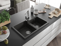 Mexen Tomas dřez granitový 2-komorový s kuchyňskou baterií Rita, černý/zlatý metalik - 6516-75-670300-00