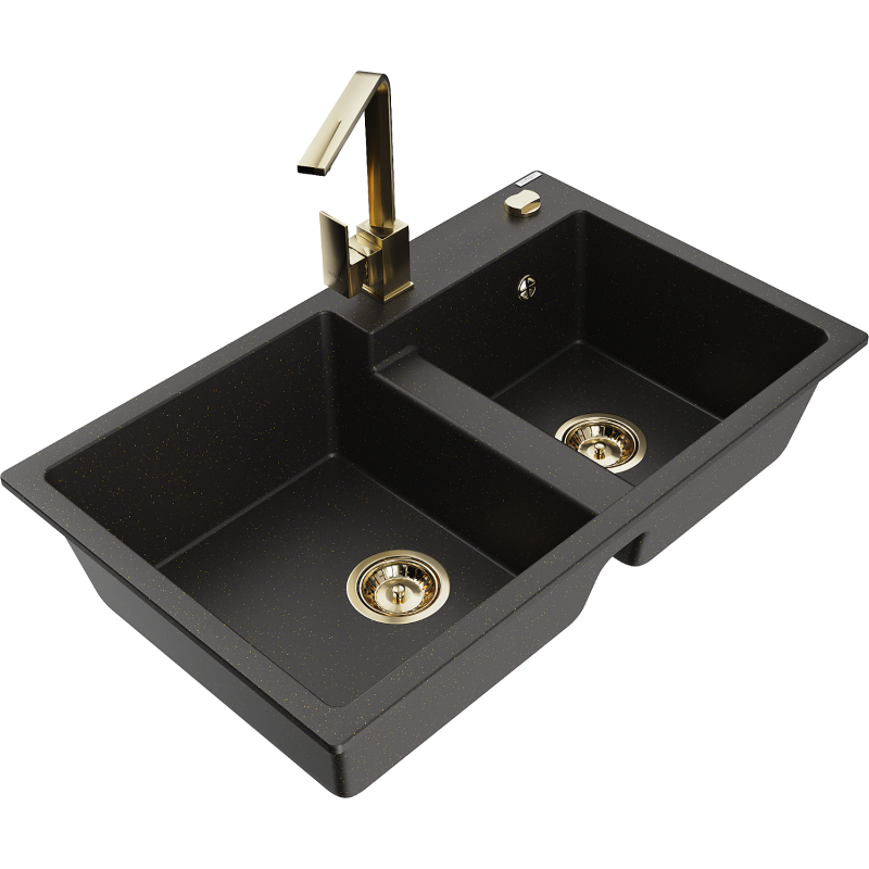 Mexen Tomas granitový dřez 2-komorový s kuchyňskou baterií Rita, černý/zlatý metalik - 6516-75-670300-50