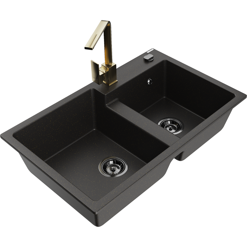 Mexen Tomas granitový dřez 2-komorový s kuchyňskou baterií Rita, černý/zlatý metalik - 6516-75-670300-50-B
