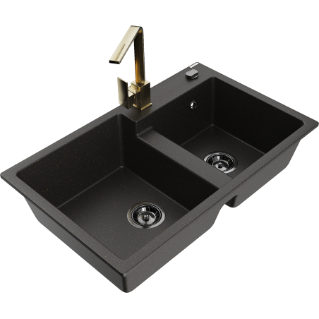 Mexen Tomas granitový dřez 2-komorový s kuchyňskou baterií Rita, černý/zlatý metalik - 6516-75-670300-50-B