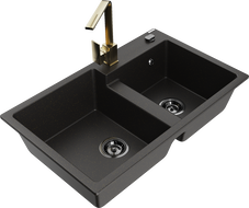 Mexen Tomas granitový dřez 2-komorový s kuchyňskou baterií Rita, černý/zlatý metalik - 6516-75-670300-50-B