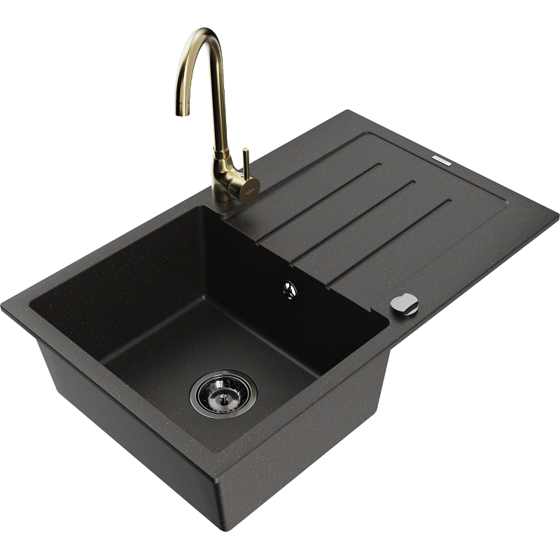 Mexen Bruno granitový dřez 1-komorový s odkapávačem a kuchyňskou baterií Telma, černý/zlatý - 6513-75-670200-50-B