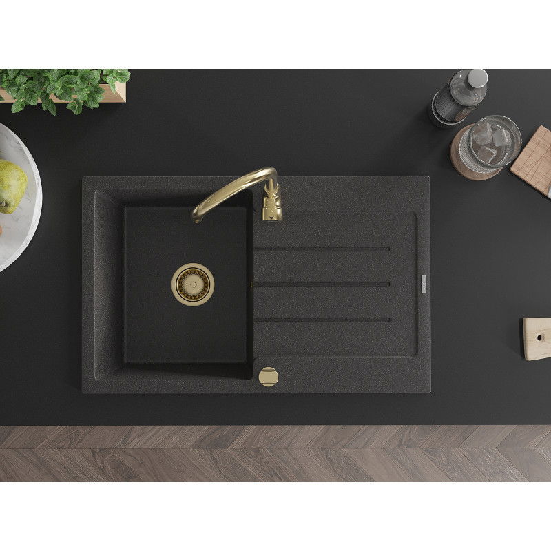 Mexen Bruno granitový dřez 1-komorový s odkapávačem a kuchyňskou baterií Telma, černý s tečkami - 6513-76-670200-50