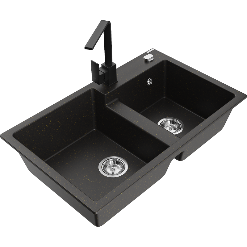 Mexen Tomas dřez granitový 2-komorový s kuchyňskou baterií Rita, černý/zlatý metalik - 6516-75-670300-70