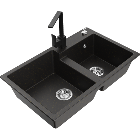 Mexen Tomas dřez granitový 2-komorový s kuchyňskou baterií Rita, černý/zlatý metalik - 6516-75-670300-70