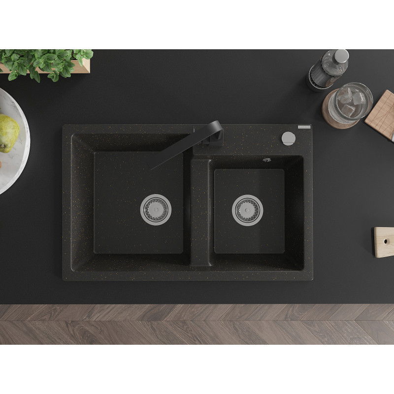 Mexen Tomas dřez granitový 2-komorový s kuchyňskou baterií Rita, černý/zlatý metalik - 6516-75-670300-70