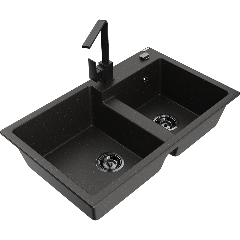 Mexen Tomas granitový dřez 2komorový s kuchyňskou baterií Rita, černý/zlatý metalik - 6516-75-670300-70-B