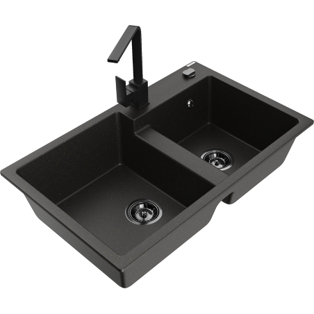 Mexen Tomas granitový dřez 2komorový s kuchyňskou baterií Rita, černý/zlatý metalik - 6516-75-670300-70-B