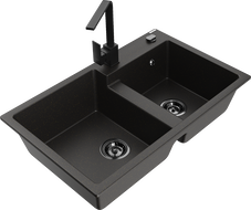 Mexen Tomas granitový dřez 2komorový s kuchyňskou baterií Rita, černý/zlatý metalik - 6516-75-670300-70-B