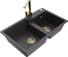 Mexen Tomas žulový dřez 2-komorový s kuchyňskou baterií Rita, černý skvrnitý - 6516-76-670300-50
