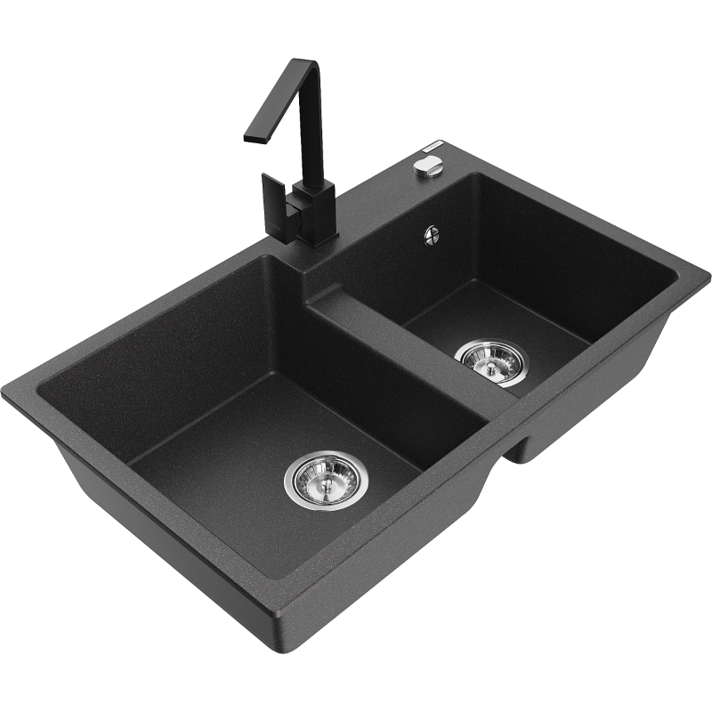 Mexen Tomas granitový dvoukomorový dřez s kuchyňskou baterií Rita, černý skvrnitý - 6516-76-670300-70