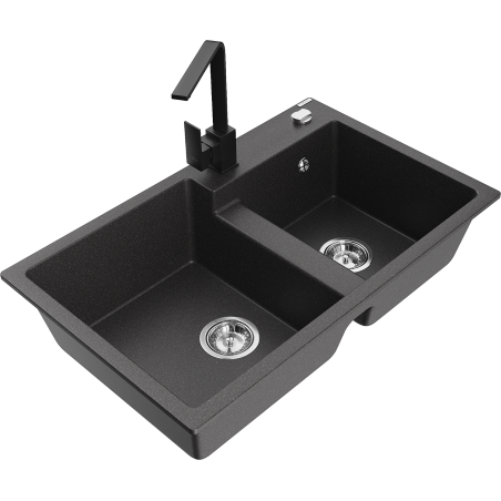 Mexen Tomas granitový dvoukomorový dřez s kuchyňskou baterií Rita, černý skvrnitý - 6516-76-670300-70
