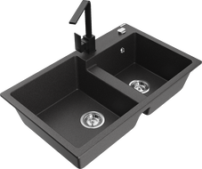 Mexen Tomas granitový dvoukomorový dřez s kuchyňskou baterií Rita, černý skvrnitý - 6516-76-670300-70