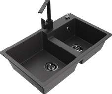 Mexen Tomas žulový dřez 2-komorový s kuchyňskou baterií Rita, černý tečkovaný - 6516-76-670300-70-B