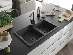 Mexen Tomas žulový dřez 2-komorový s kuchyňskou baterií Rita, černý tečkovaný - 6516-76-670300-70-B