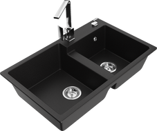 Mexen Tomas žulový dřez 2komorový s kuchyňskou baterií Rita, černý - 6516-77-670300-00