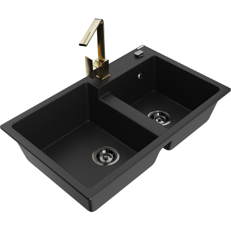 Mexen Tomas žulový dřez 2-komorový s kuchyňskou baterií Rita, černý - 6516-77-670300-50-B