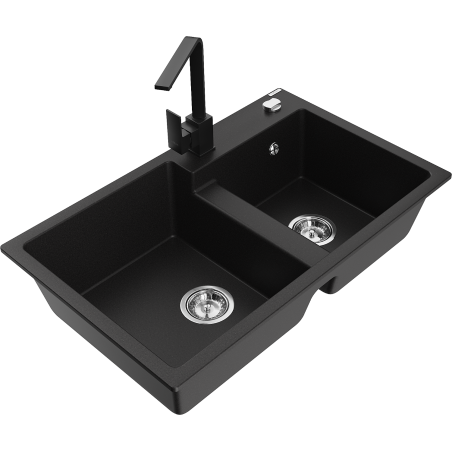 Mexen Tomas žulový dřez 2komorový s kuchyňskou baterií Rita, černý - 6516-77-670300-70