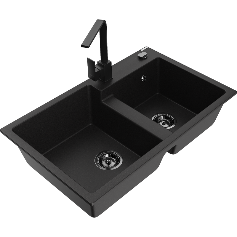 Mexen Tomas granitový dřez 2-komorový s kuchyňskou baterií Rita, černý - 6516-77-670300-70-B