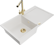 Mexen Leo dřez granitový 1-komorový s odkapávačem a kuchyňskou baterií Duero, bílý - 6501-20-671600-50