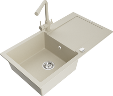 Mexen Leo jednovanový granitový dřez s odkapávačem a kuchyňskou baterií Duero, béžový - 6501-69-671600-69