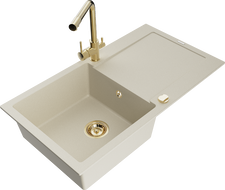 Mexen Leo granitový dřez jednokomorový s odkapávačem a kuchyňskou baterií Duero, béžový- 6501-69-671600-50