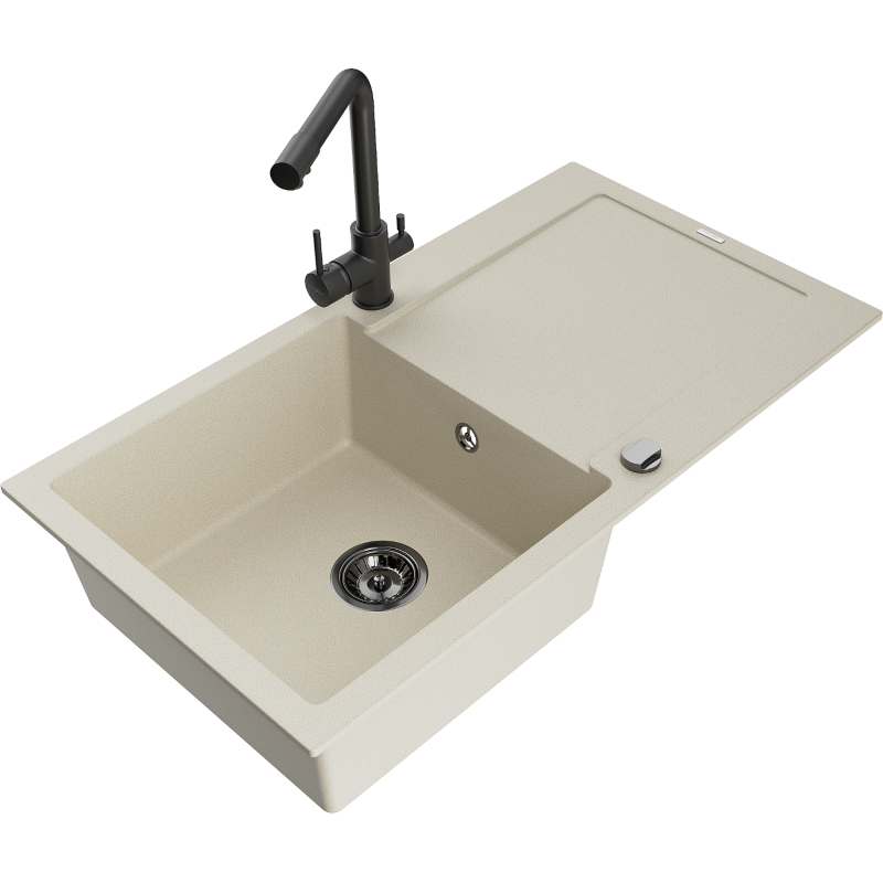 Mexen Leo granitový dřez 1-komorový s odkapávačem a kuchyňskou baterií Duero, béžový-6501-69-671600-70