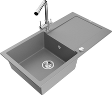 Mexen Leo granitový dřez 1-komorový s odkapávačem a kuchyňskou baterií Duero, šedý - 6501-71-671600-00