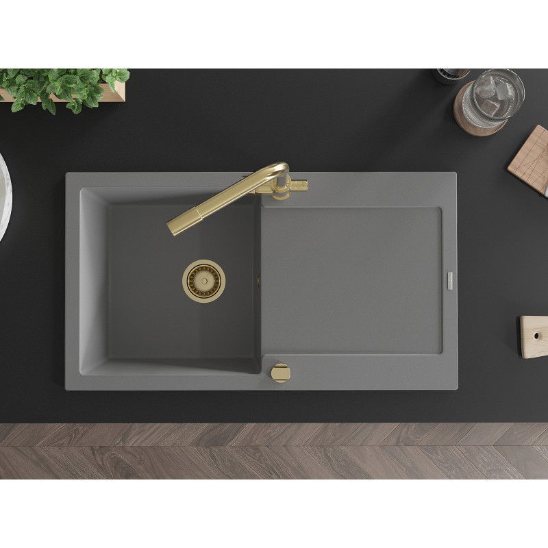 Mexen Leo granitový dřez 1-komorový s odkapávačem a kuchyňskou baterií Duero, šedý - 6501-71-671600-50