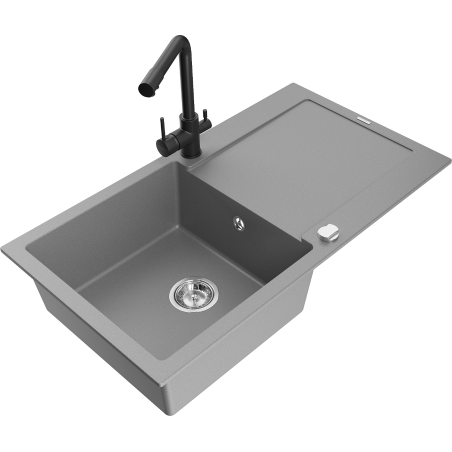 Mexen Leo granitový dřez 1-komorový s odkapávačem a kuchyňskou baterií Duero, šedá - 6501-71-671600-70
